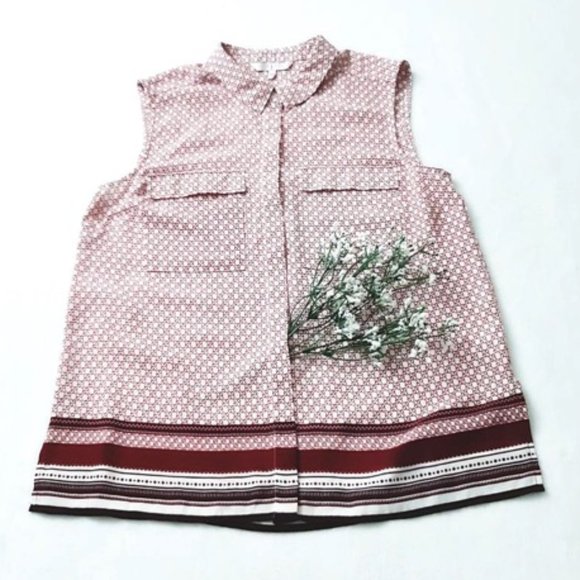 JASPER CONRAN Blouse Shirt Top Red White GeoPrint Sleeveless Collar Button Front - Picture 5 of 10